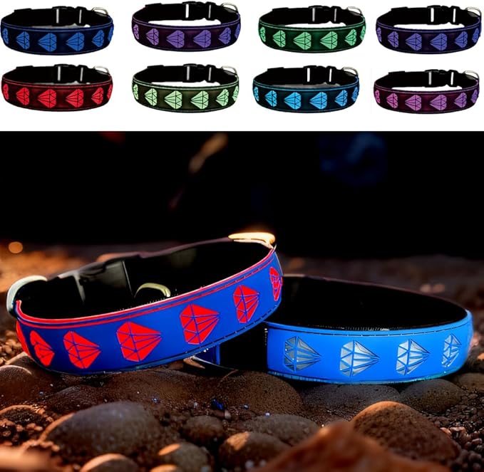 LED Dog Collar with Diamond Pattern, 15 Light Modes, with Bonus Pet ID Tag and Bell (BLUE, XL(19.7-23.6"))