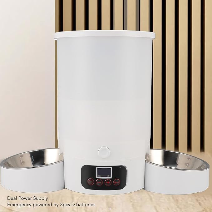 Automatic Cat Feeder, 3L Smart Timed Ration Cat Feeder, Auto Dog Feeder with 2 Stainless Steel Bowls, Battery Powered & Transparent Pet Feeder (White Double Bowl)