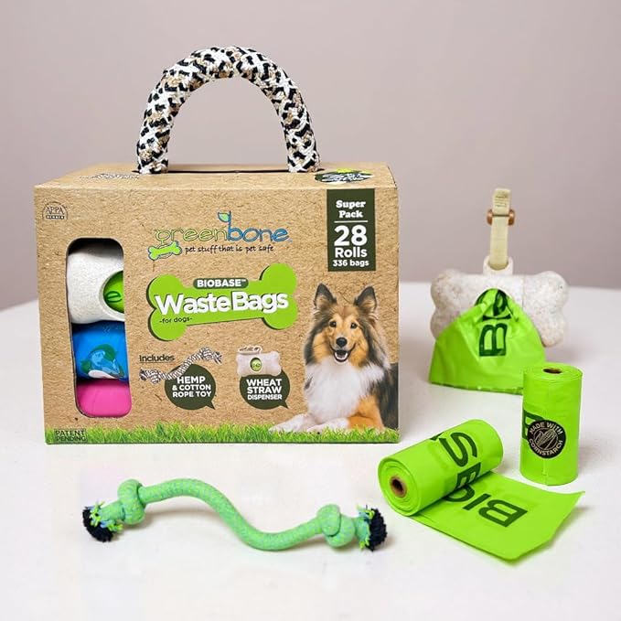 Greenbone BioBase Pink Dog Poop Bag Refills: 28 Rolls - 336 Bags with Dispenser and Rope Toy Handle- Dog Gift Set