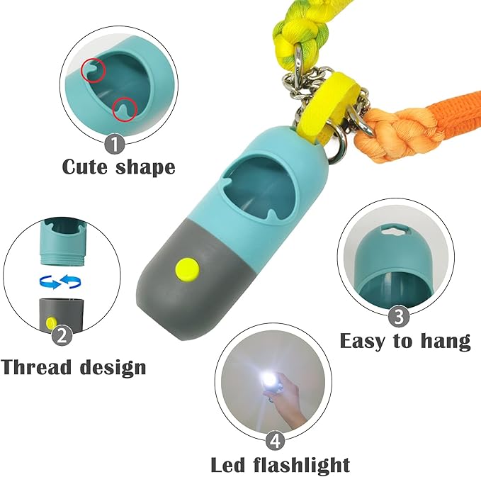 Dog Poop Bags Dispenser with LED Flashlight Pet Waste Bags Holder with 105 Count Green Unscented Diaper Garbage Bags and Metal Carabiner and Hook&Loop Fastener (Blue, 1 Holder 7 Rolls)