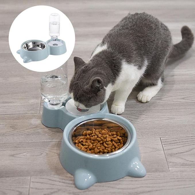 Double Puppy Cat Bowls - Pets Water Food Bowl Set, Stainless Steel Feeding Bowl Set with Automatic Water Bottle for Small Or Medium Size Dogs and Cat, Blue
