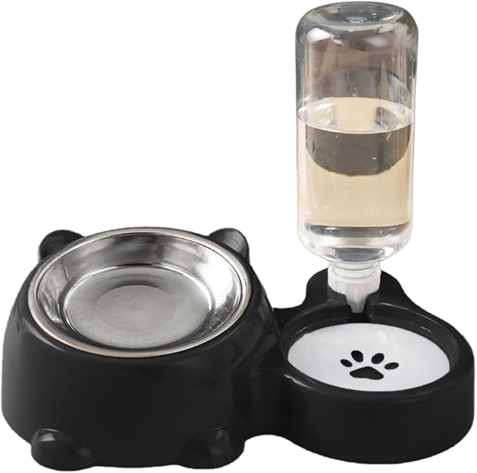 2 in 1 Elevated Cat Dog Bowl Set, Automatic Water Dispenser, Self Feeding Cat Food Dispenser, Leak Resistant Drinking Bottle Detachable Metal Feeder Dish Space Saving Design