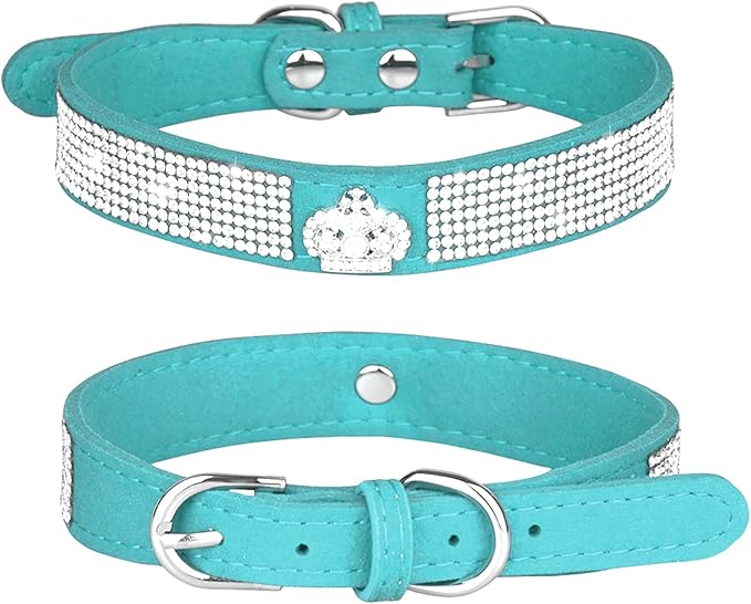 Rhinestone Dog Collar, Cute Dazzling Sparkling Soft Suede Leather Dog Cat Rhinestone Collar Crystal Diamond Pet Dog Puppy Collar (S, Blue-4)