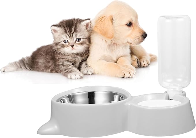 VANZACK Automatic Pet Feeder Bowl Double Dog Bowls with Water Dispenser Durable Design for Pets Convenient Pet Supplies Grey