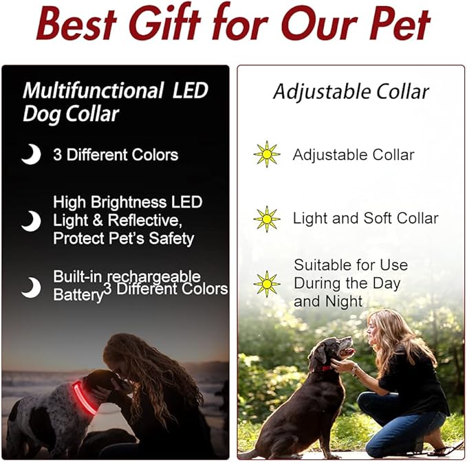 YFbrite Ultra Light Adjustable LED Dog Collar, Light up Dog Collars Rechargeable Glowing in The Dark Collars Visiblity & Safety for Small, Medium, Large Dogs (Red, Medium)