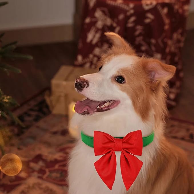 Maca Bates Christmas Grass Green Dog Collar with Cute Solid Sailor Bow Tie for Extra Large Girl Boy Dogs,Adjustbale Durable Breakaway Soft Collars with Bowtie for Female Male Puppy,Pet