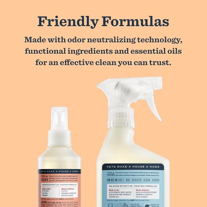 Mrs. MEYER'S Clean Day Cat Care Kit, includes Cat Deodorizing Spritz - White Peach and Pet Stain & Odor Fighter - Coconut Leaf