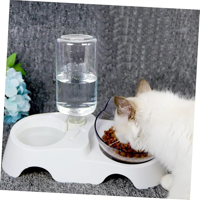 Multi-Function Pet Bowl Set Automatic Water Feeder for Cats and Dogs Dual-Bowl Design with Tilt for Comfortable Eating and Drinking Suitable for Small to Medium Pets White