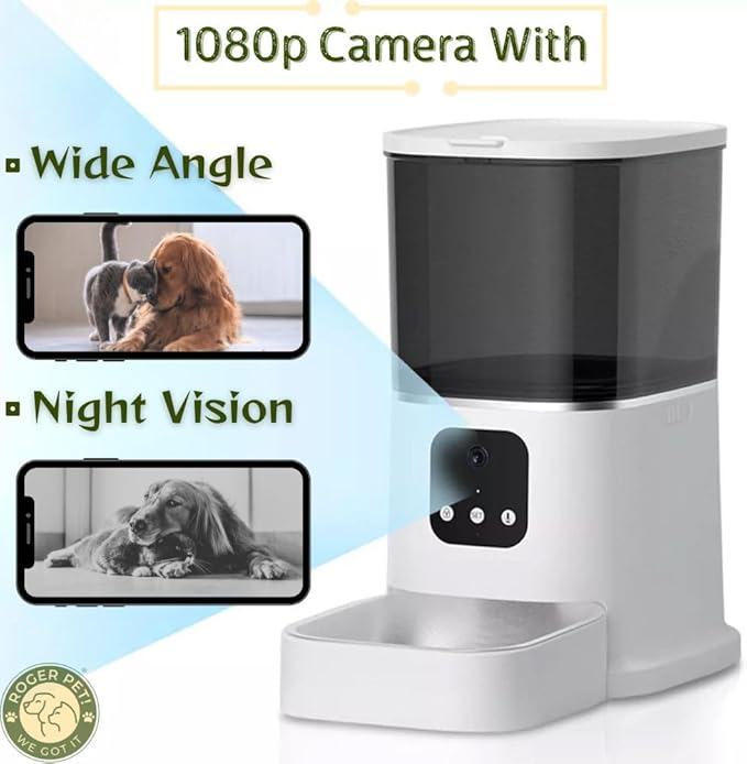 ROGER PET Smart Automatic Pet Feeder with Camera and Dispenser, Wi-Fi Automatic Cat Feeder with APP Control and Timer, Two Way Audio Video Clear Night Vision, Automatic Dog Feeder - Pet Supplies.