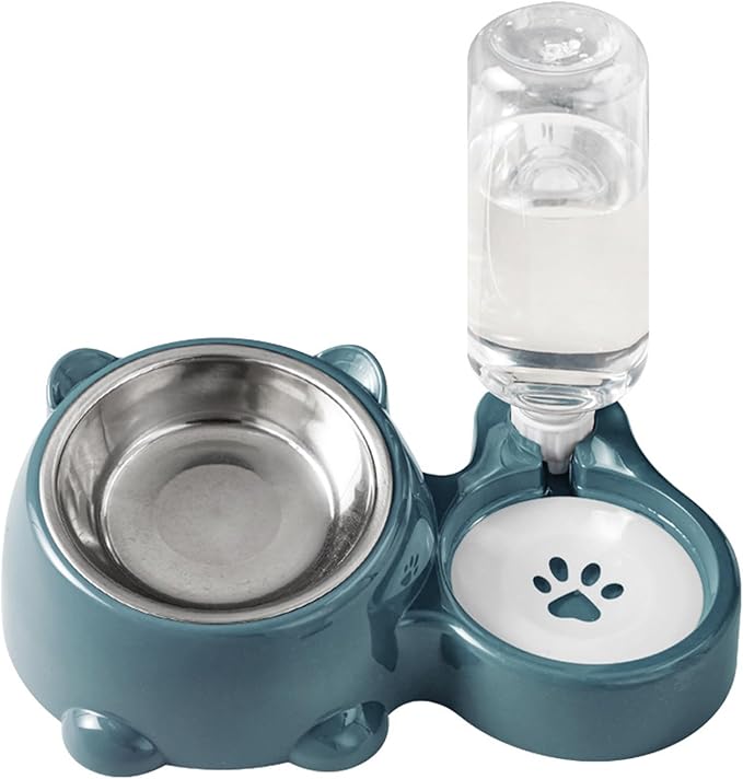 2 in 1 Elevated Cat Dog Bowl Set, Automatic Water Dispenser, Self Feeding Cat Food Dispenser, Leak Resistant Drinking Bottle Detachable Metal Feeder Dish Space Saving Design
