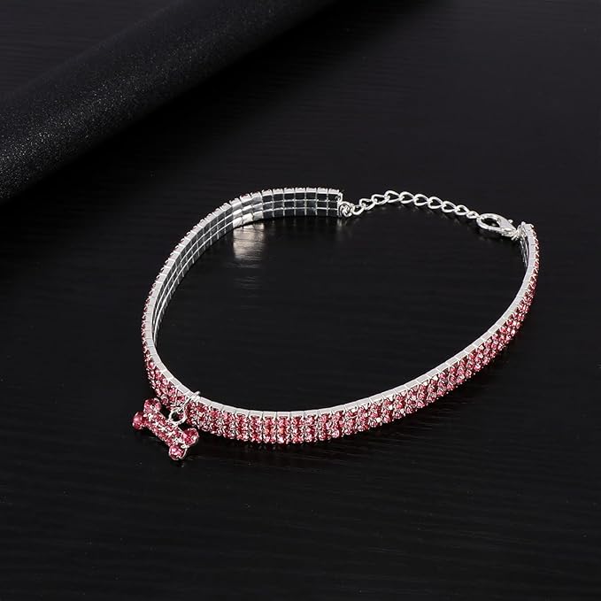 Rhinestone Pet Collar with Crystal Bone Pendant Adjustable Pink Dog Collar Large Size for Puppy and Adult Dogs for Pet Supplies