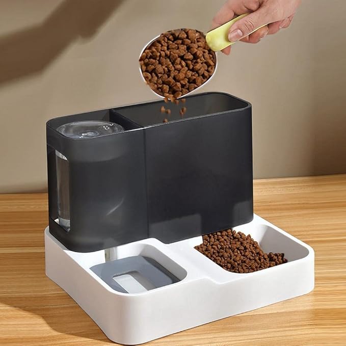RUNAAAJ 2 in1 Feeder Food Water Dispenser Bowl Automatic Dog Cat Bottle Pet Self Feeding for Small Medium Dog Pets Puppy Kitten (Grey)
