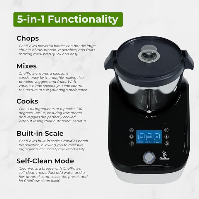 ChefPaw Pet Food Maker with Built-in Mixer & Cooker + Built-in Scale + Nutrition App + 50 Balanced Recipes – Makes 6.4 lbs of Fresh Human Grade Meals in 40 Minutes - Easy, All-in-One Pet Food Cooker