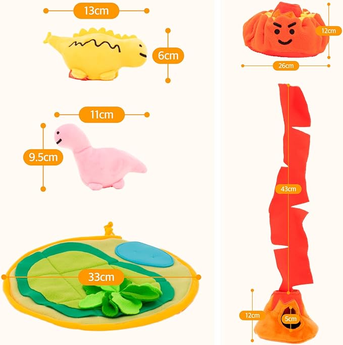 Multi-Purpose Dog Plush Toy Set, Volcano Island Snuffle Mat with Squeaky Dinosaurs, Pet Hunting Game and Nosework Toy