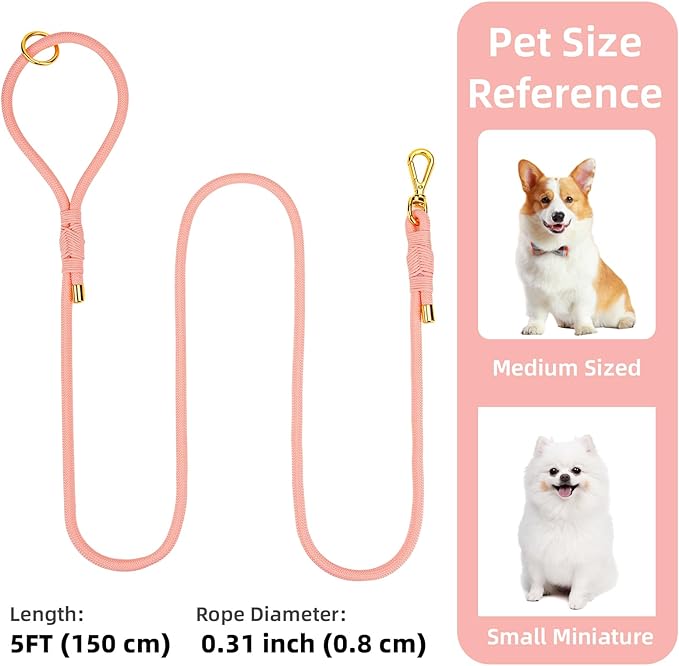 Durable Handwoven Dog Leash for Small & Medium Dogs, 5/16 inch Rope Lead with Anti-Tangle Swivel Clip, Soft & Lightweight, 5FT Long – Ideal for Daily Walking & Training (Light Pink)