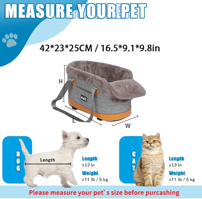Pet Car Center Console Elevated Armrest Car Seat for Small Puppies, Dogs & Cats (Up to 10 lbs) – Khaki Washable Plush Carrier with Safety Leash, Fits Front Vehicle Console Space