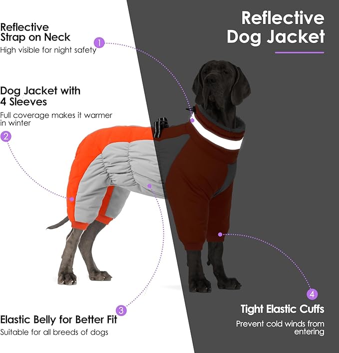 SUNFURA Full Body Dog Coat - Warm Fleece Jacket for Extra Large Dogs, Turtleneck Winter Coats with Harness, Reflective Dog Snowsuit Windproof Puffer Jackets with Legs for Great Dane, Orange 3XL