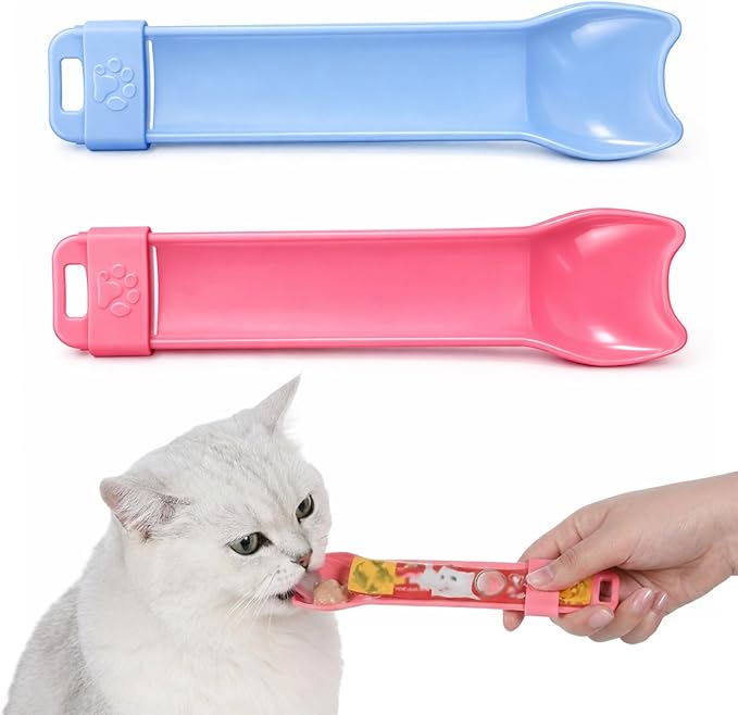 2PCS Cat Treat Spoon Set, Cat Treat Squeeze Spoons & Cats Strip Feeder Spoon for Wet Food, Lickable Treats, and Liquid Snacks - Blue & Pink