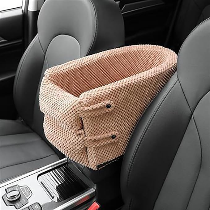Portable Center Console Dogs Cats Car Bed, Pet Booster Seat, Comfortable Pet Armrest Car Seat, Coral Velvet Travel Pet Console Seat - Brown