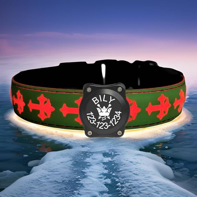 Subversive USB-C led Light up Dog Collar,3D Cross Design Comfortable and Soft Material,Multicolored Lighting (Green with airtag Holder, XL(19.7-23.6"))