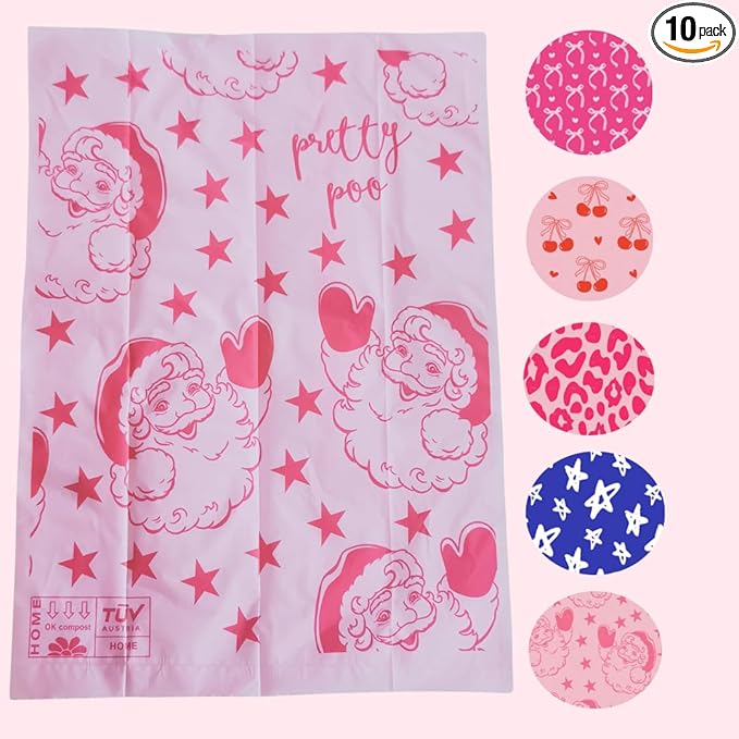 Pretty Dog Poop Bags - 150 Count, Certified Home Compostable, Leakproof, Extra Thick, Tear Resistant, Pink, Vanilla Scented, Sassy Santa