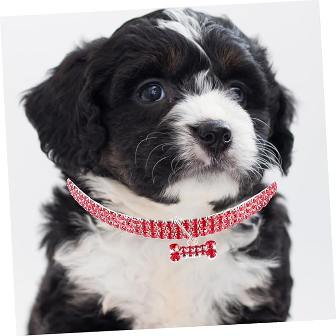 Rhinestone Pet Dog Collar Adjustable Crystal Dog Collar with Mini Bone Pendant Red M Size for Puppy
