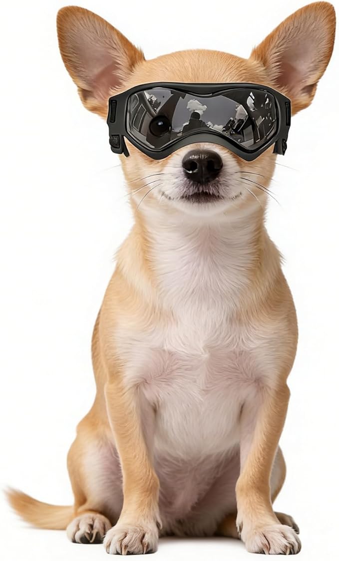 Namsan Dog Goggles Small Breeds, UV Protection Dog Glasses for Small Dogs, Puppy Sunglases Windproof Dustproof Driving Eye Protection, Adjustable, Cool Black