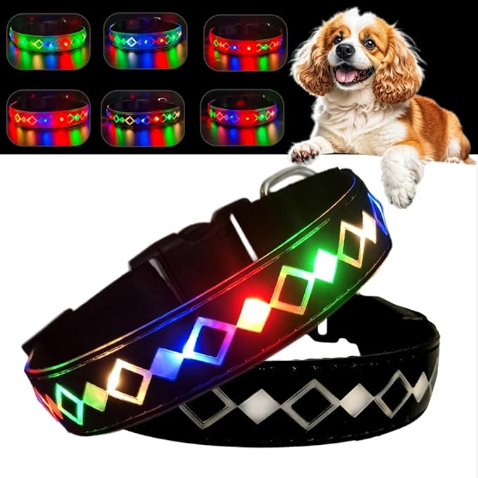 LED Dog Collar, 15 Light Modes, USB-C Rechargeable, Adjustable Silicone, Multiple Colors (Black Pro, L(15.7-19.7"))