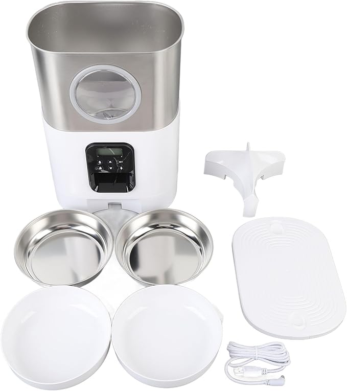 Automatic Pet Feeder, 5L Quantitative Feeding Stainless Steel 2 Bowls Dog Food Dispenser Large Capacity Automatic Timed Cat Feeders with Visable Window for Cats Dogs (White)