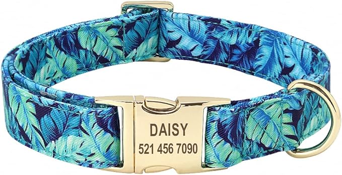 Flower Dog Collar Leash Set Custom Small Medium Large Dog Pet Collars Floral Print Nylon Dog Collars with Treat Bag Snack Bag Blue Collar L