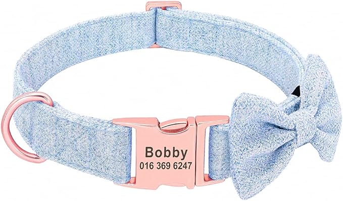 Fashion Personalized Dog Collar Custom Nylon Dog Collars Engraved Name ID Adjustable for Small Medium Large Dog Chihuahua Bownot Blue S