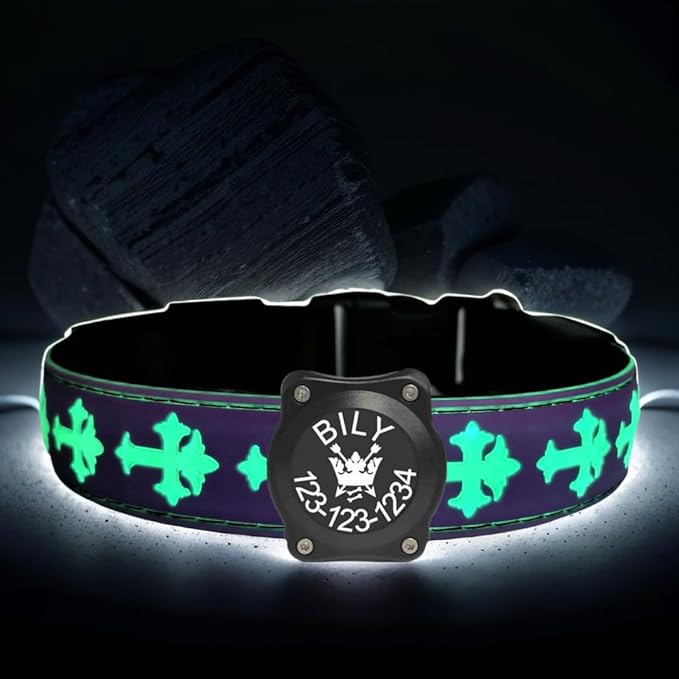 Personalized Name and Phone Nr Dog Collar with airtag Holder Waterproof Light up (Purple, M(11.8-15.7"))