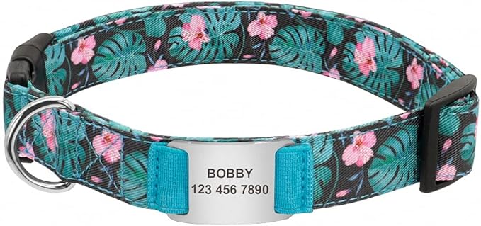 Flower Printed Dog Collar Custom Nylon Puppy Pet Collar Personalized Pitbull Collars Pets Acessorios for Small Medium Large Dog Green L