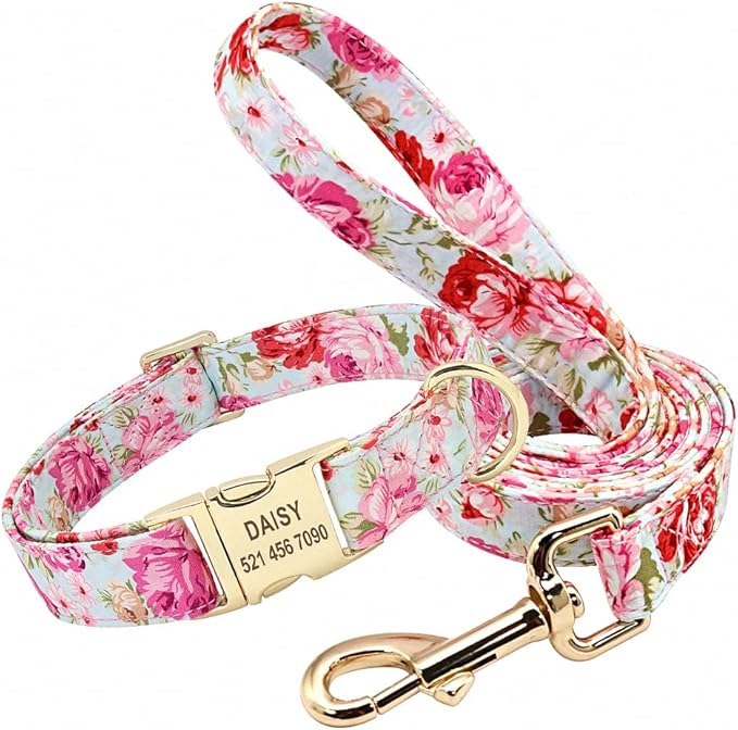 Flower Dog Collar Leash Set Custom Small Medium Large Dog Pet Collars Floral Print Nylon Dog Collars with Treat Bag Snack Bag Pink Collar Leash S