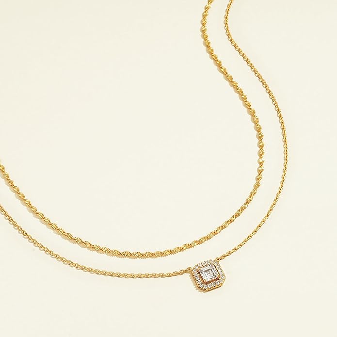 TONTMY STUDIOS Layered Gold Necklace for Women 14K Gold Plated Small Dainty CZ Pendant Layering Gold Necklaces Set Simple Chain Choker Necklace Trendy Jewelry for Women Gifts