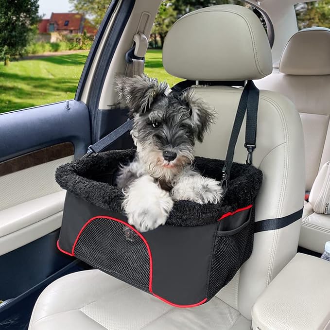 ROODO Deluxe Dog Booster Seat with Height-Adjustable Foldable Metal Frame and Safety Leash,Portable Pet Car Seat for Under 20lb Puppy Cats with Plush Thick Cushion Mesh Window Pockets(Black)