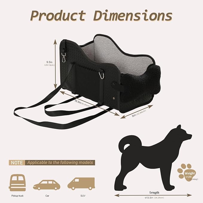 Dog Car Seat for Small/Medium Dogs Under 15 lbs with 2 Replaceable Dual-Sided Summer/Winter Cushions, Portable Booster & Pet Bed for Back & Front Seat Travel, Carrier with Leash Clip