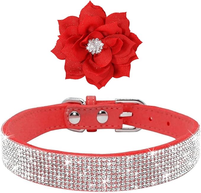 Rhinestone Dog Collar, Cute Dazzling Sparkling Soft Suede Leather Dog Cat Rhinestone Collar Crystal Diamond Pet Dog Puppy Collar (Red5, XS)