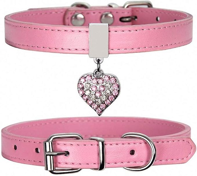 Leather Funny Cute Heart Colorful Rhinestone Pet Dog Collars Durable for Small Dogs Necklace Pink M