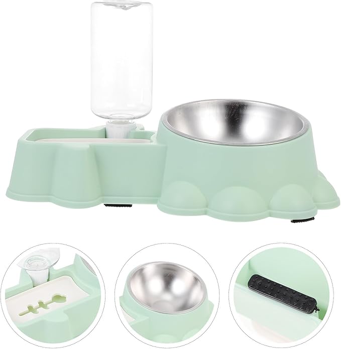 POPETPOP Automatic Pet Feeding Bowl and Water Dispenser 2-in-1 Stainless Steel Dog Food Container with Green Base for Home Use