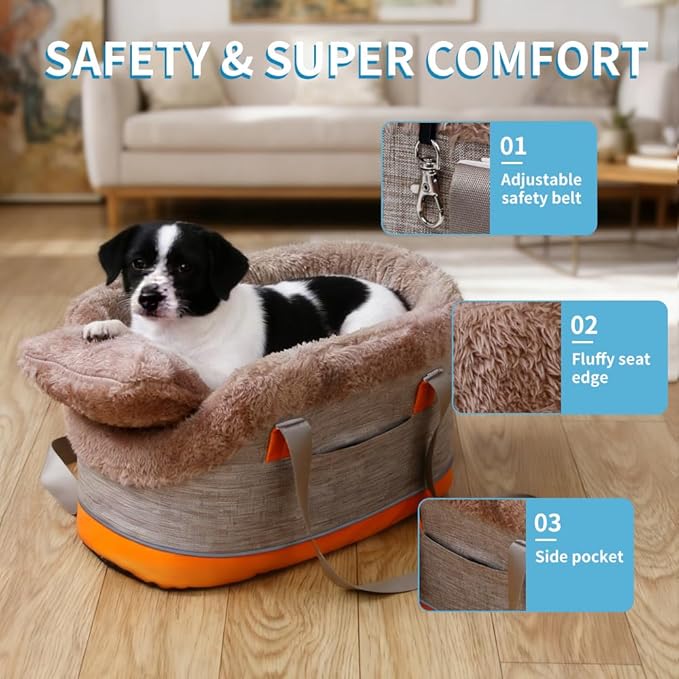 Pet Car Center Console Elevated Armrest Car Seat for Small Puppies, Dogs & Cats (Up to 10 lbs) – Khaki Washable Plush Carrier with Safety Leash, Fits Front Vehicle Console Space