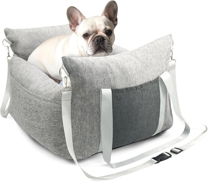 Pet Car Booster Seat for Small Dogs up to 25 lbs with Safety Straps, Storage Pockets, Travel Carrier Bed with Detachable Cover, Machine Washable (Light Gray)