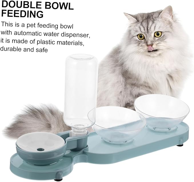 Balacoo Pet Food Holder Tilt Double Bowels Automatic Water Dispenser Bottle Cat Water Feeder Blue