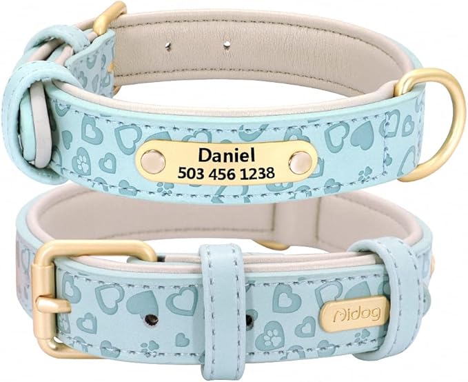 Personalized Dog Collar Soft Leather Custom Puppy Collar Printed Pitbull Collars Pets Products for Small Medium Large Dog Blue M