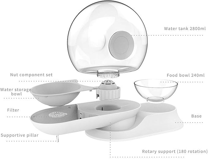 Double Dog Cat Water and Food Bowl Set,Automatic Water Dispenser Feeder Bowls,2.8 L Detachable No-Spill Snail-Shaped Self-Dispensing Gravity Waterer Fountain for Cat Dog Puppy Kitten