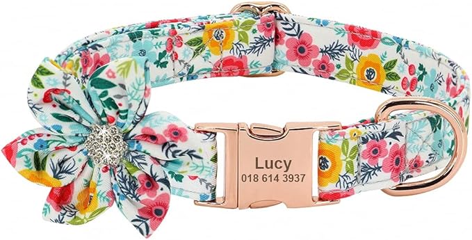 Rhinestone Personalized Dog Collar Leash Set Flower Printed Customized Pet Collar Puppy ID Collar for Small Medium Large Dogs Blue Collar M