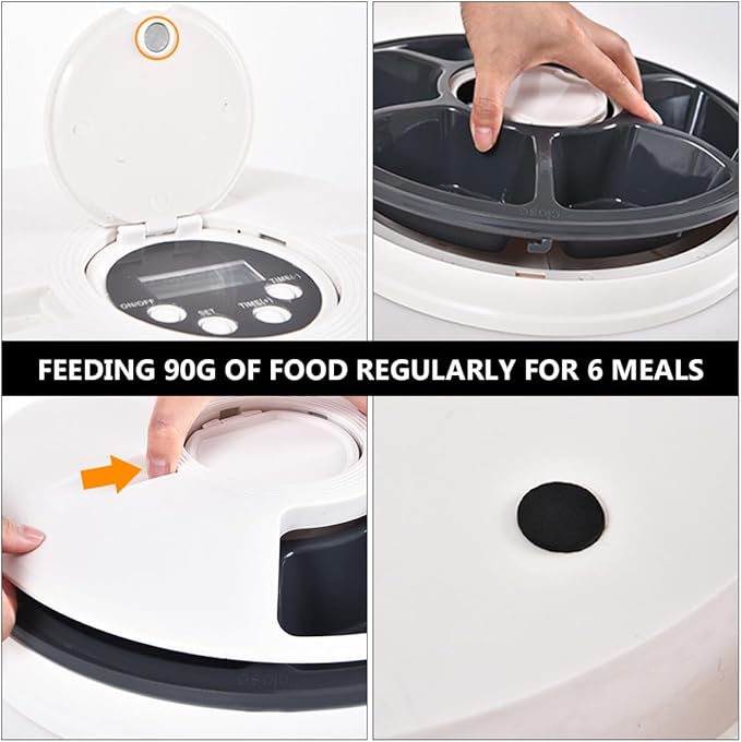 VICASKY Automatic Pet Feeder with Timer and 6-Compartment Feeding Bowl, Intelligent Dry Food Dispenser for Dogs and Cats, Gray-White Pet Feeding Supplies for Scheduled Meals
