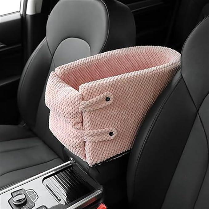 Portable Center Console Dogs Cats Car Bed, Pet Booster Seat, Comfortable Pet Armrest Car Seat, Coral Velvet Travel Pet Console Seat - Pink