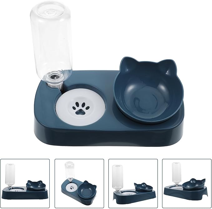 DECHOUS Pet Water Dispenser and Food Bowl with Neck Protection, Blue Anti-Spill Raised Feeder for Cats and Dogs, Multi-Function Pet Drinking and Feeding Bowl for Home Use