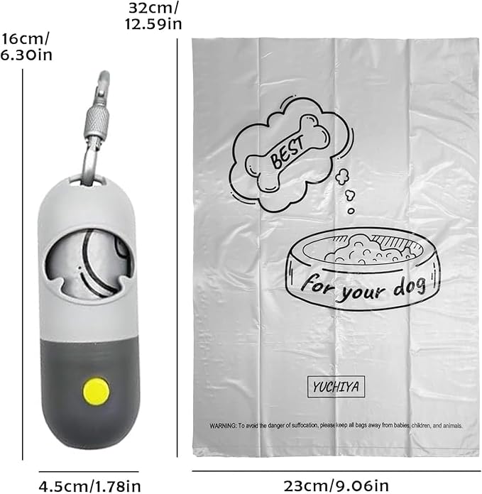 Dog Poop Bag Dispenser with Flashlight|Holder with Leash Clip|Hands-Free Leash Poop Bag Holder with Straps and 1 Roll Dog Waste Bags (Light Gray,1 Holder 195 Bags)